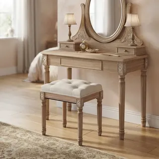 Schminkhocker Polsterhocker Aus Leinen Mit Holzbeinen, Sitzhocker Für Schminktisch Schlafzimmer, 120 Kg -beige