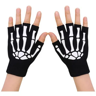 Sahgsa Halloween Skelett Halbfinger Handschuhe Unisex Totenkopf Fingerlose Stretch Strickhandschuhe Winter Handwärmer Handschuhe Kostüm-Zubehör, Einheitsgröße