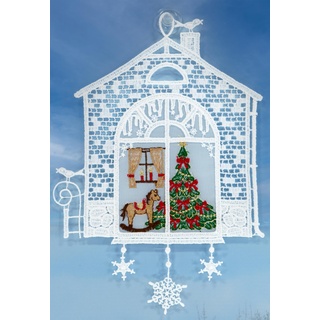 Plauener Spitze Fensterbild Weihnachten 24 cm Weihnachtsbaum Stickerei Weihnachtsdekoration Fensterdekoration Weiß Voile Bestickt mit Saugnapf