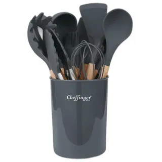 Cheffinger 12-tlg Küchenhelfer Set Kochgeschirr Silikon Holzgriff Grau