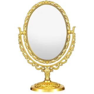 FOMIYES Schminkspiegel, ovale Form, stehender Make-up-Spiegel, goldener Vintage-Tisch-Make-up, doppelseitiges Drehgelenk für Schminktisch, Badezimmer, Schlafzimmer, hochauflösend (Gold)