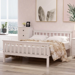 Fangqi Bettgestell Doppelbett Massivholz Bett mit Lattenrosten, 140 x 200 cm, Kieferbett für Erwachsene, Kinder, Jugendliche weiß