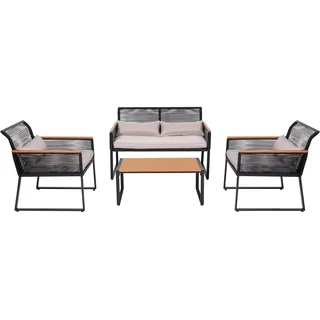MCW MCW, Gartenlounge Lounge-Set Sitzgruppe Sofa, Seilgeflecht Rope Holzoptik Stahl, Polster hellgrau