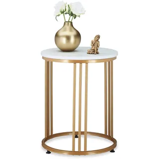 Relaxdays Beistelltisch MARMO, runder Sofatisch, Metall & MDF, weiß/Gold