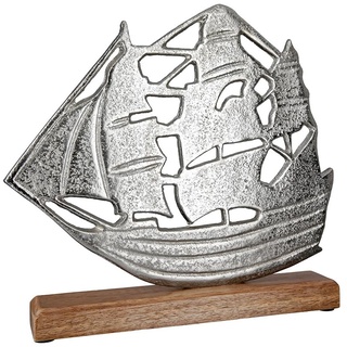 GILDE Deko Skulptur Figur Segelschiff - Segelboot hergestellt aus Aluminimum, auf Mangoholz Sockel - Maritime Deko Bad Gäste WC - Farben: Silber Braun - 26 x 25 x 5 cm