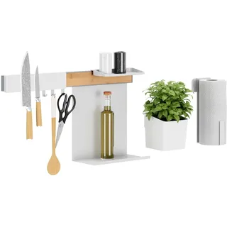 Tesa Küchen-Organizer Kombi-Set L - selbstklebende Küchenleiste mit Kräutertopf, 2 Ablagen, Messerhalter, Küchenrollenhalter und Hakenleiste - Bambus/Weiß