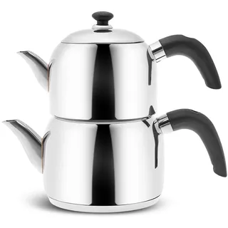 Karaca Edge Mini Induktion Base Schwarz Set Teekanne 1 Liter + Teek annendeckel Trinker 1,5 L Volumen 2,5 Liter Türkische Teek anne, Caydanlik, Demlik, Teekocher, Tea Pot