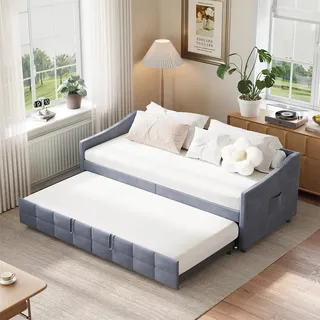 MISNODE Tagesbett 90/180x200 cm mit Gästebett, Ausziehbett mit Lattenrost, Bett Ausziehbar zum Doppelbett, Schlafsofa für Erwachsene 2 Personen, Grau (Grau-B, 90/180x200 cm)