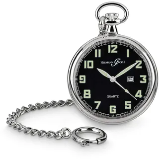 Hermann Jäckle Herren Taschenuhr Konstanz Quarz 47 mm Silber | Quarzwerk, Datumsanzeige, großes Piloten-Zifferblatt, inklusive Kette und Reiseetui