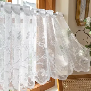 Lsimeru Spitzegardinen Landhaus Kurz Schmetterling Botanische Scheibengardine Bistrogardine Spitze Vintage Kurzstores Gardinen Scheibenvorhang Kurzvorhang Küche Weiß,250x45cm