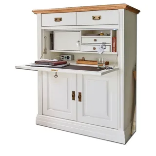 Casamia Sekretär Sekretär Büro Schrank Novara 2-türig 2 Schubladen weiß natur massiv 112 cm x 133 cm x 45 cm