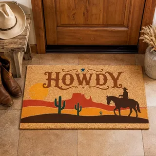 GOMAKERER Howdy Western Cowboy Fußmatte, 76x43cm Große Fußmatte Mit Wüstenkaktus Sonnenuntergangsmotiv Im Landhausstil Für Drinnen Und Draußen Geeignet Für Terrasse Garage Und Andere Eingangsbereiche.