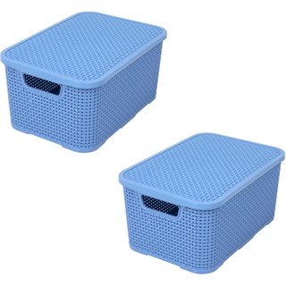 BranQ - Home essential Korb mit Deckel in Rattan Design 2er Set Grösse M 10 l, BPA-frei Kunststoff PP, Denim Blau, 28,8x19,7x16,2 cm, 2 Stk.