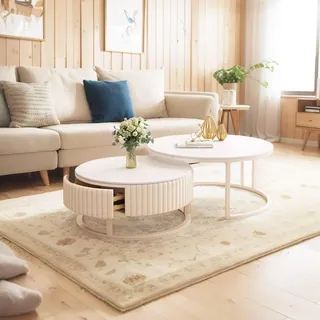GonTzolkin Rund Couchtisch Marmor 2er Set Modern Couchtisch Weiß Mit Stauraum Schublade Weiss Wohnzimmer Tisch Für Couch Mit Metallrahmen Einfacher Aufbau Tisch Für Schlafzimmer Wohnzimmer