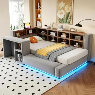 Merax Polsterbett 90x200cm mit Stauraum Kopfteil, Tagesbett Gästebett mit LED-Beleuchtung, Steckdose, Beistelltisch, gepolsterte Rückenlehne, Grau - Grau