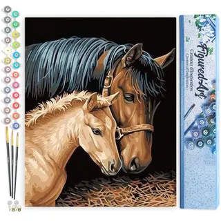 Figured'Art Malen Nach Zahlen Erwachsene Pferd und sein Junges - Paint by Numbers Basteln DIY Bastelset 40x50cm ohne Holzrahmen