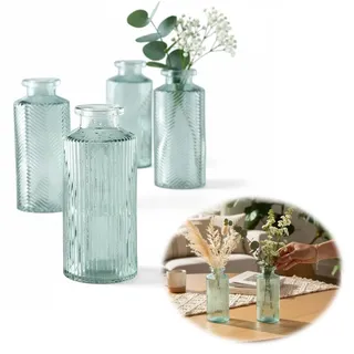 LS-LebenStil 4 Stück Deko-Flaschen Glasvase 14cm Salbei-Grün Set Blumenvase Tisch-Vase Väschen Dekovasen Tischdeko Frühling Blumendeko Glasflaschen für Tulpen Rosen Tischdeko Hochzeit