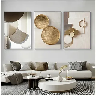 Wandbild Beige Gold Schwarz 3 Teilig Modern Bild auf Vlies Leinwand Schlafzimmer Flur Wohnzimmer Moderne Abstraktes Beige Geometrisches Marmor Bild auf Leinwand, Ungerahmt (Geometrie A,50x70cm)