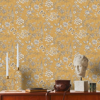 Livingwalls Travel Styles Vliestapete - Florale Tapete in Gelb und Weiß - skandinavische Wandtapete für verschiedene Räume in 10,05 m x 0,53 m