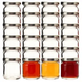 gouveo 24er Set Einmachgläser 40 ml Mini mit Schraubdeckel silberfarben - Mini Vorratsgläser mit Drehverschluss TO43 - Mini Schraubglas zum Einkochen für Marmelade, Konfitüre (EGR040S)