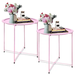 Garden 4 you Beistelltisch aus Metall, 2 Stück, Rosa, rund, zusammenklappbar, für Sofa, kleiner Akzent, zusammenklappbarer Tisch, runder Beistelltisch, neben dem Sofatisch, Snacktisch für Wohnzimmer