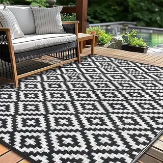 Jyswx Wasserdichter Outdoor-Teppich, wendbar, rutschfest, Kunststoff, leicht zu reinigen, Gartenteppich für Terrasse, Deck, Camping, Strand, Picknick, Hinterhof, 120 x 180 cm, Schwarz und Weiß