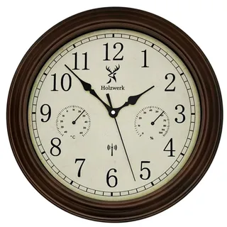 Holzwerk Wanduhr, Dunkelbraun, Holz, Glas, Kunststoff, Holz Optik, Vintage, Zeichen/Symbole/Nummern/Buchstaben, Rund, 35x35x5.5 cm, Thermo-Hygrometer, Dekoration, Uhren, Wanduhren