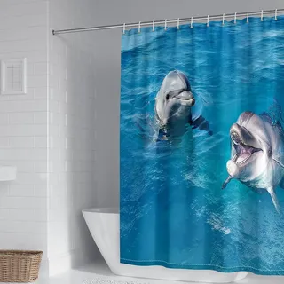 Whoiy Dusch Vorhang Antischimmel Waschbar 300 x 200 cm Polyester, Badezimmer Vorhang Textil Stoff mit Muster Delfine Graublau für Badewanne Bathroom Curtains mit Duschvorhangringe