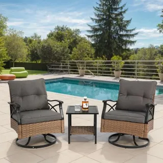 3tlg Outdoor Gartenmöbel Set Drehbarer Schaukelstuhl mit Tisch Wetterfester PE Rattan Relaxsessel mit Polster Belastbar bis 158kg Braun Grau - Grau