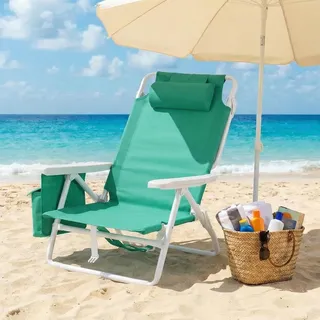 Strandstuhl Klappbar Leicht, Rucksack Klappstuhl Strand, Campingstuhl Kann Flach Liegen,bis 150 Kg Belastbar, Outdoor Faltstuhl Mit Verstellbarer Hohe Rückenlehne, Eisbeutel Grün
