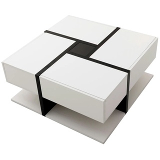 Merax Hochglanz-Couchtisch, Tisch mit 4 Schubladen, einzigartige Farbabstimmung und Liniendesign, Stauraum unten, Weiß