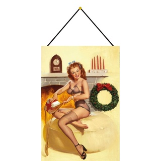 Schatzmix Pinup Girl Weihnachten Metallschild Wanddeko 20x30 cm mit Kordel Blechschild, Blech, Mehrfarbig