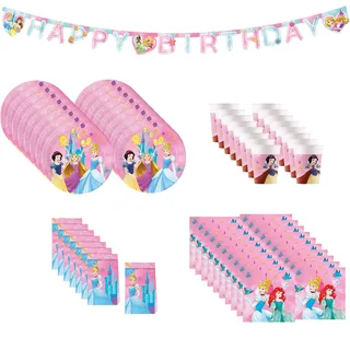 Procos Princess live your Story Partyset 61-tlg. für 16 Kinder FSC® | 16 Teller, 16 Becher, 20 Servietten, 8 Partytüten, 1 Partykette
