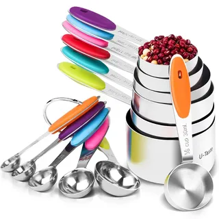 U-Taste Messbecher und Messlöffel Set, 18/8 Edelstahl, 12 Stück, Mehrfarbig | Griff mit Verbesserter Dicke, Amerikanisch
