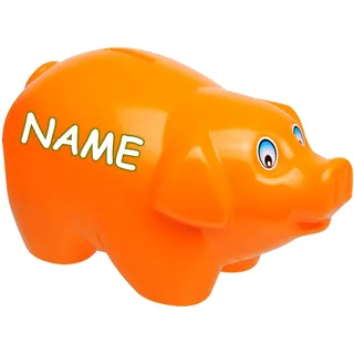 alles-meine.de GmbH 2 Stück große XL - Spardosen - Schwein - orange - inkl. Name - 19 cm groß - stabile Sparbüchsen aus Kunststoff/Plastik - Sparschwein - Glücksbringer - für..
