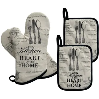 ZORR Ofenhandschuhe und Topflappen Set, Hitzebeständige Backhandschuhe Topfhandschuhe für Kochen Backen, 32CM lang, Vintage Stil