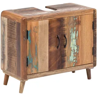 Woodkings® Bad Waschbeckenunterschrank Kalkutta recyceltes Holz bunt rustikal Waschtischunterschrank Badmöbel Badezimmer Badschrank Bad Unterschrank Massivholz (mit Fuß)