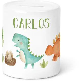 GRAVURZEILE Spardose für Kinder - Dino Design - mit Namen personalisiert - Geschenk für Jungen & Mädchen zum Geburtstag Kommunion Geburt Einschulung Weihnachten - Geschenk für Kinder zum sparen