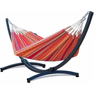 Potenza Outdoor Hängematte mit Aluminium Gestell für 2 Personen I 100% Baumwolle Pereira - Doppelhängematte 230x160 cm, 200kg I Hängemattengestell 200kg, wetterfest (Mandarin, Basic Gestell Graphit)