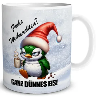 TRIOSK Lustige Weihnachtstasse Grummel-Pinguin mit Spruch Frohe Weihnachten! Ganz Dünnes Eis! - Witziges Geschenk für Pinguinfans, Weihnachtsmuffel & Kollegen - Keramik-Tasse 300 ml, Grün