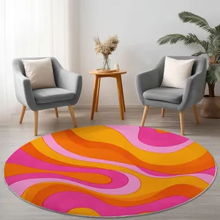 Generisch Teppich Rund 90 cm Vintage-Modekurven, rutschfest Teppiche Wohnzimmer, Runder Waschbar Rund Teppiche Kurzflor, Weich Runder Teppich Rosa Orange for Wohnzimmer Schlafzimmer Studie