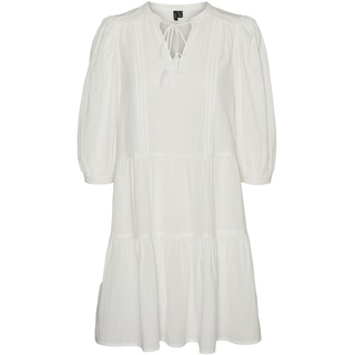 VERO MODA Damen Kurzes Crepe Kleid mit Kordel Midi Dress 3/4 Ärmel Sommerkleid Tunika, Farben:Weiß, Größe:L