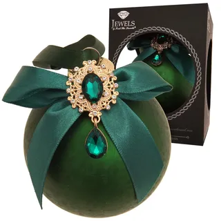 Krebs Glas Lauscha Weihnachtskugel Grün - Ø 8 cm - edle Kugel mit Strass, Schleife & Eisstruktur - Weihnachtsdeko aus Glas - Christbaumschmuck elegant & hochwertig - Festliche Winterdeko