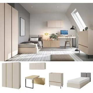 TRAUMMÖBEL QMM Jugendzimmer Kinderzimmer komplett Laris Set C Schrank 3-türig Kommode Schreibtisch Wandregal Bett 200x90 Farbauswahl (Sandbeige - Eiche geölt)