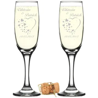 2er Set Sektgläser mit Gravur - Hochzeitsgeschenke für Brautpaare - Gläser für Sekt mit Personalisierung - Geschenkidee zur Hochzeit, Hochzeitsgläser für Paare - Herz mit vielen kleinen Herzen