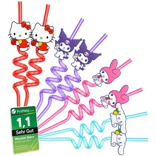 [ Test SEHR GUT, Note 1.1 *] Hello Kitty Kinder Strohhalme – 8er Set wiederverwendbare Spiral Trinkhalme aus Kunststoff – Bunte Strohhalme für Kindergeburtstag, Party Deko, Schule & Feiertage