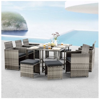 en.casa Gartenlounge-Set, (3-tlg., Esstisch mit 6 Stühlen und 4 Hockern), »Laredo« Sitzgruppe Tisch 6x Stuhl 4x Hocker Polyrattan Grau meliert grau