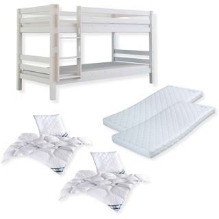 Komplettset Malu – Etagenbett mit Matratzen, Decken und Kissen, ohne Rutsche, weiß
