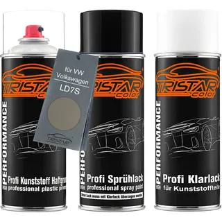 TRISTARcolor Autolack Spray Set Kunststoff für VW LD7S Slate Grey Metallic | für VW / Volkswagen, Alpine Grey Metallic, Sprühdosen-Set für Stoßstange/Plastik, Kunststoff-Haftgrund + Basislack + Klarlack