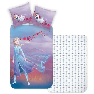 BERONAGE Kinderbettwäsche Frozen Die Eiskönigin Elsa & Olaf Bettwäsche Linon / Renforcé, 100% Baumwolle, 2 teilig, 135x200 + 80x80 cm blau|lila